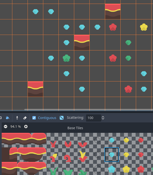 Using Bucket Fill tool with a single tile, but with randomization and scattering enabled